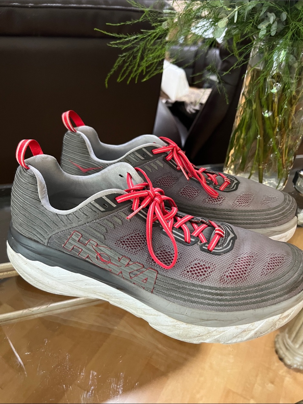 Hoka Men's Gray Athletic Swim Shoes with Red Accents